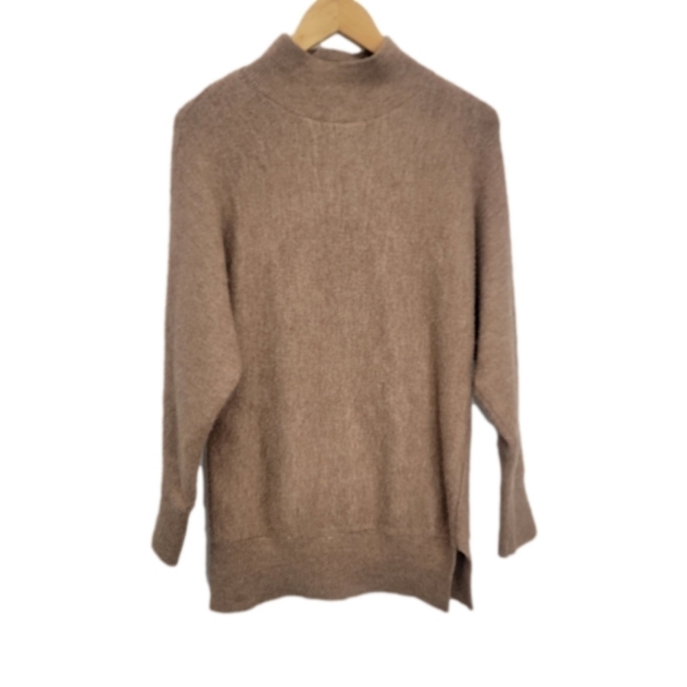 Magaschoni High Neck Long Sleeve Side Bottom Hem Slit Sweater